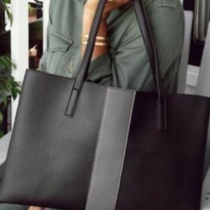 Vince Camuto Luck Tote Bag Black Gray Striped Pebbled Vegan Leather
